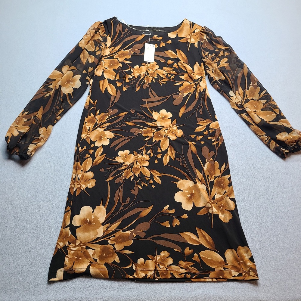 Connected Apparel Floral Shift Dress Women 12 Black Spice NWT Sheer Long Sleeve